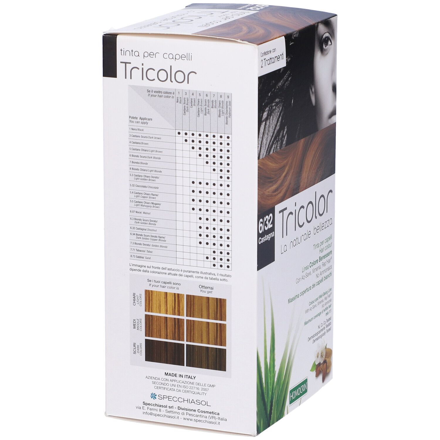 Confezione del prodotto con nome e codice colore. Tabella colori e informazioni sul prodotto sulla confezione.