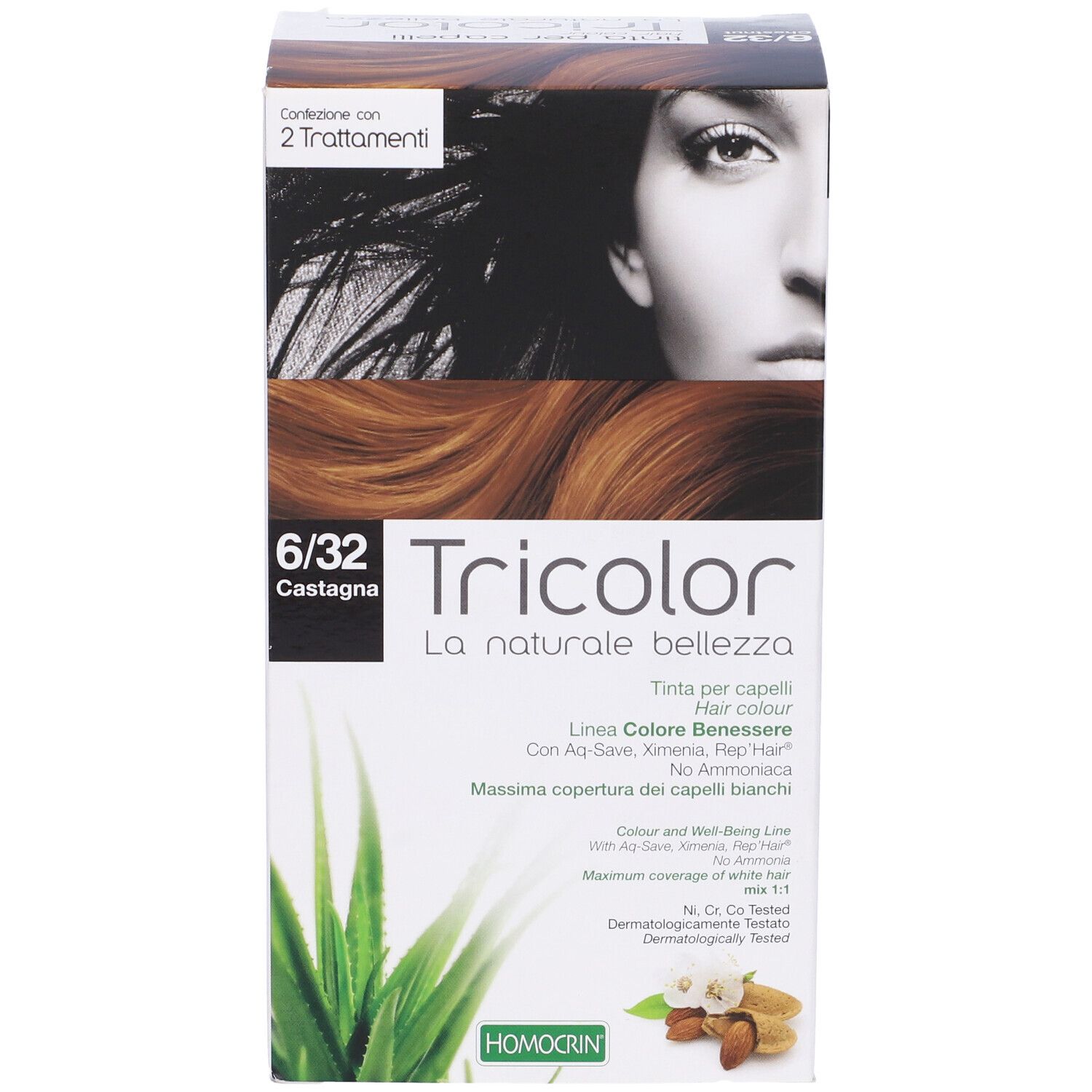 Confezione del prodotto con nome e codice colore. Immagine di donna con capelli castani. Logo e nome del prodotto.