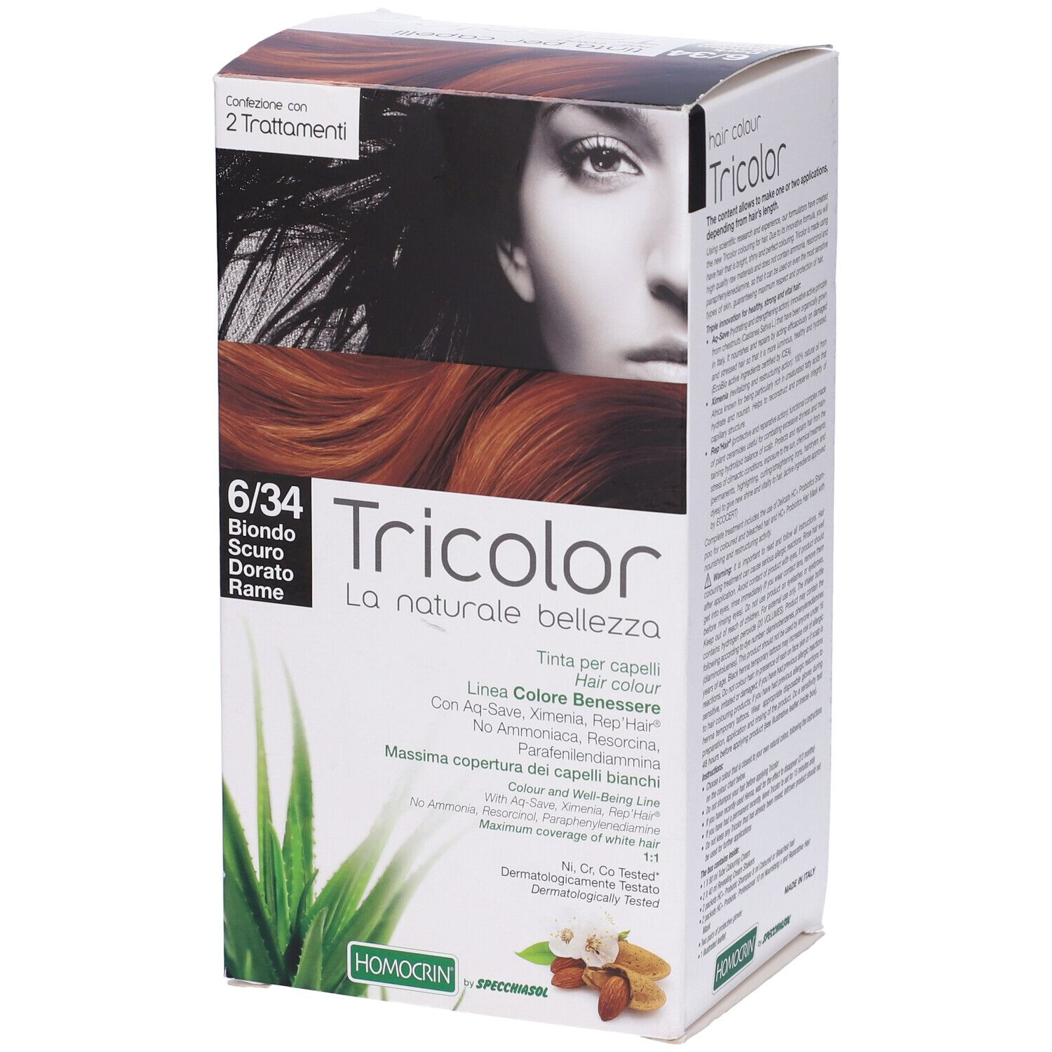 Scatola di tintura per capelli con nome del prodotto e codice colore 6/34. Volto di donna e foglia di aloe vera.