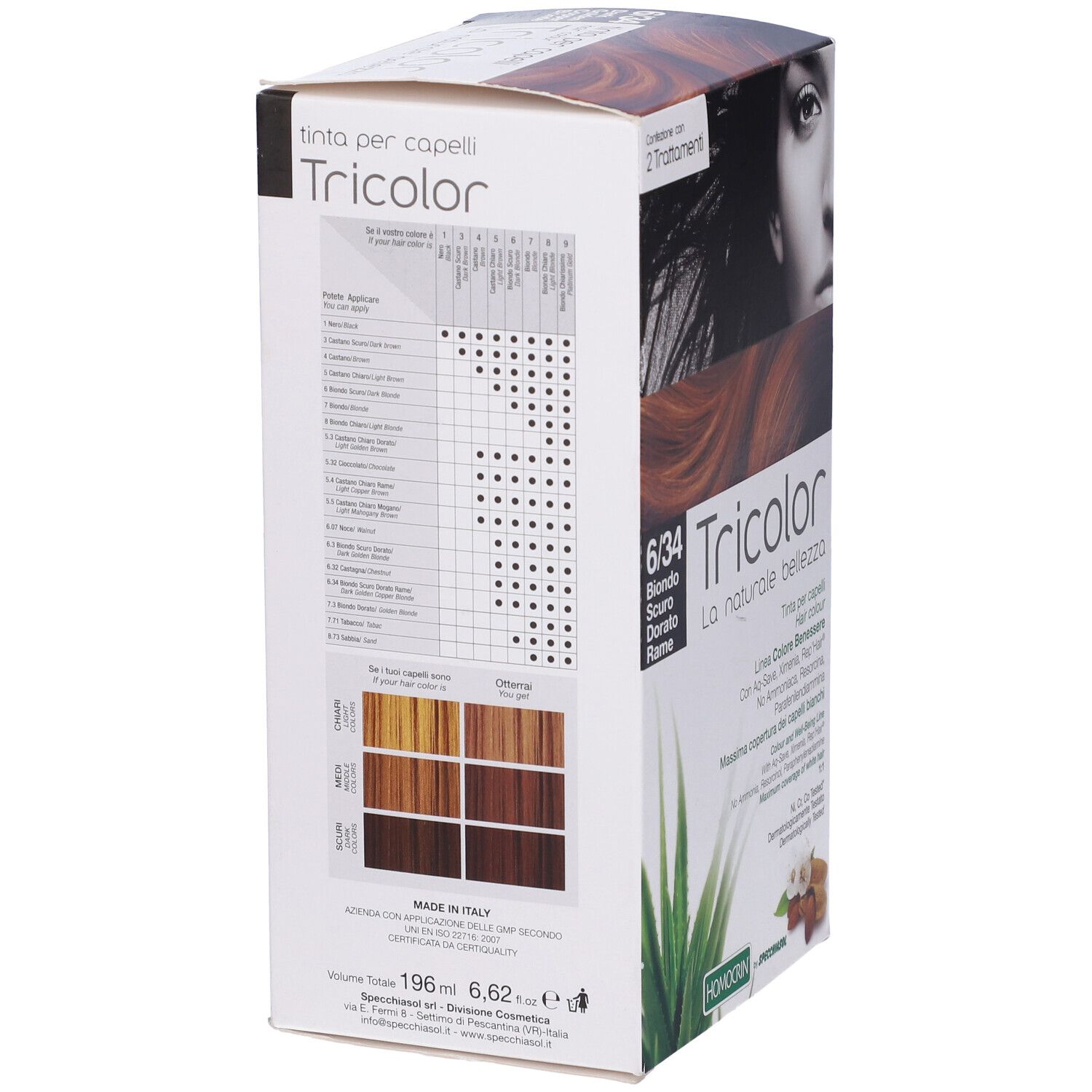 Scatola di tintura per capelli con nome del prodotto e codice colore 6/34. Tabella di confronto dei colori e informazioni sul prodotto.