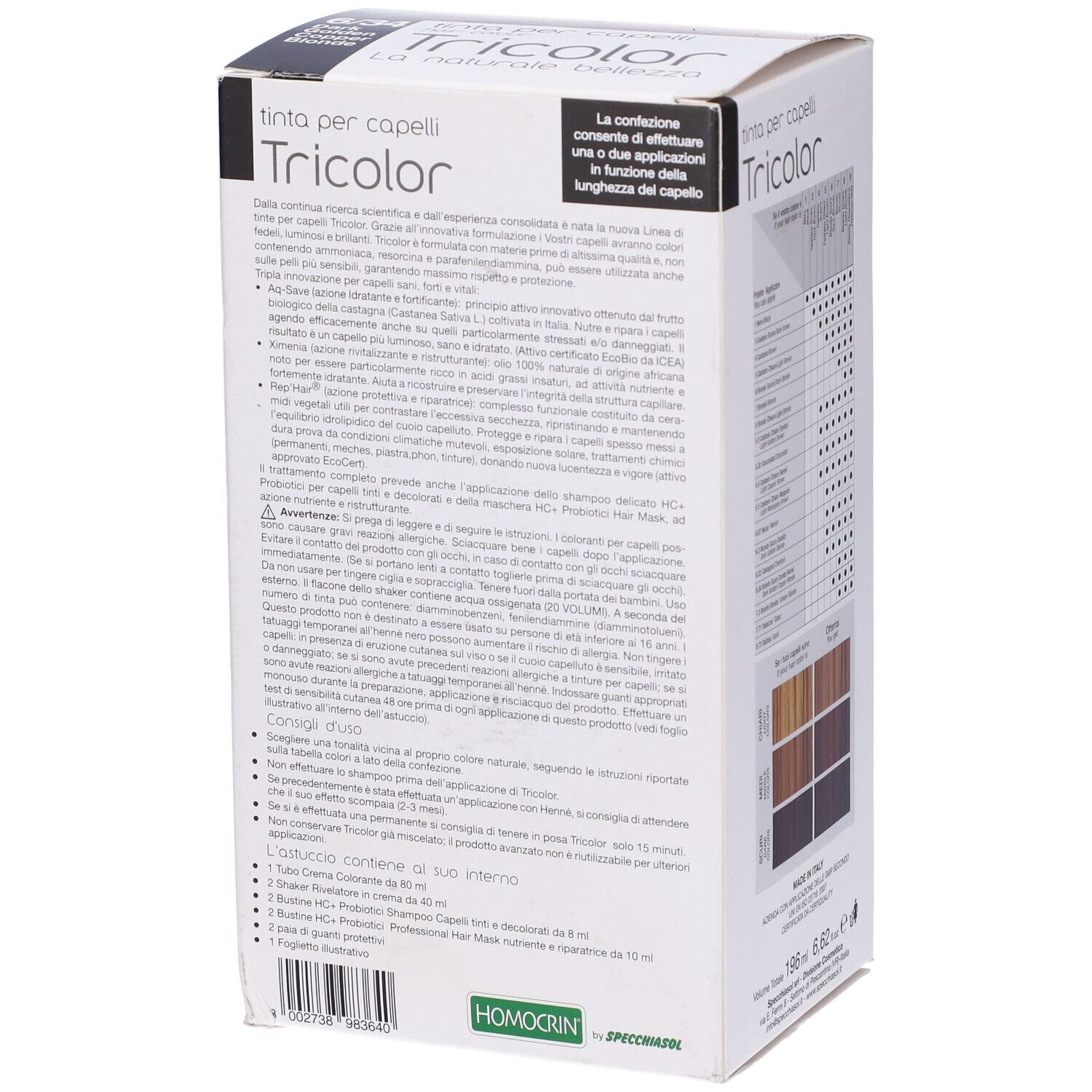 Scatola di tintura per capelli con nome del prodotto e codice colore 6/34. Informazioni sul prodotto e campioni di colore.