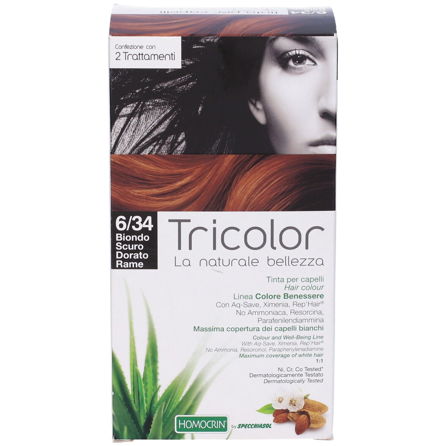 Scatola di tintura per capelli con nome del prodotto e codice colore 6/34. Volto di donna e foglia di aloe vera.
