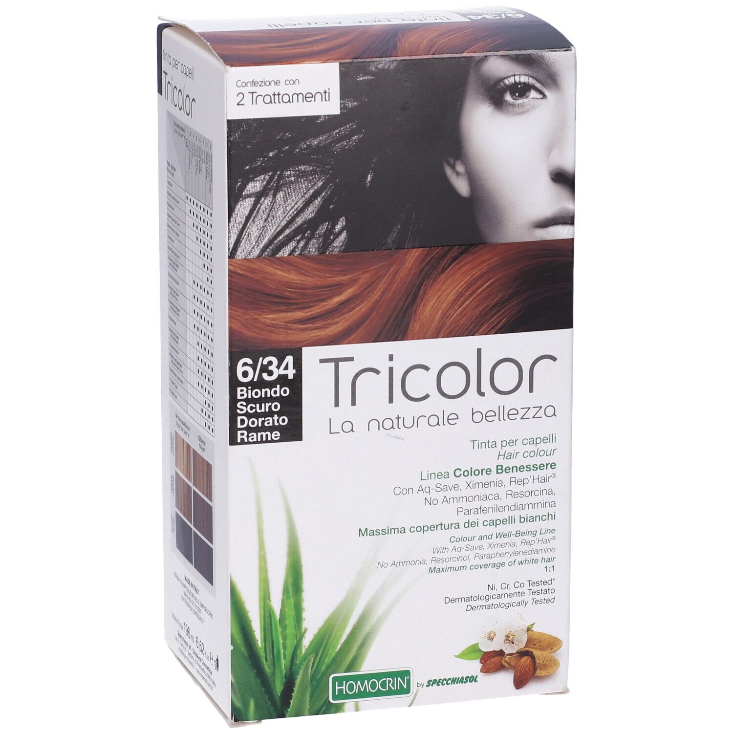 Scatola di tintura per capelli con nome del prodotto e codice colore 6/34. Volto di donna e foglia di aloe vera.