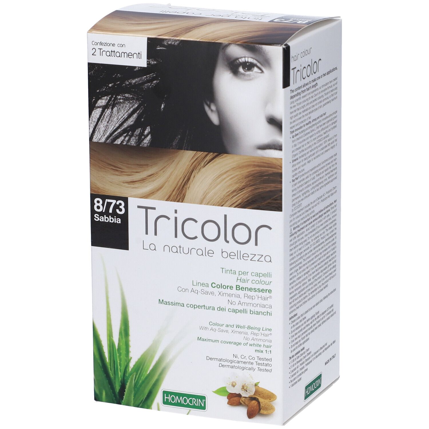 Confezione Tricolor 8/73 Sabbia. Immagine di donna bionda. Scritte in italiano. Contiene 2 trattamenti.