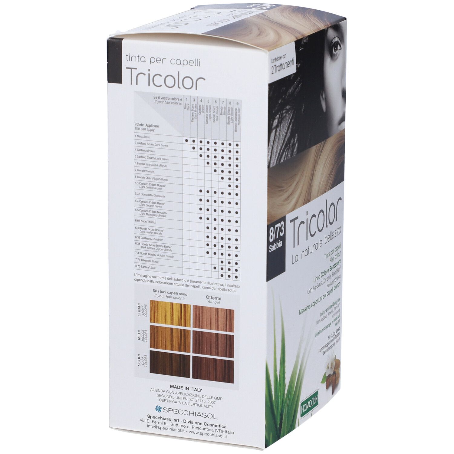 Confezione Tricolor 8/73 Sabbia. Tabella colori e informazioni prodotto. Testo in italiano.