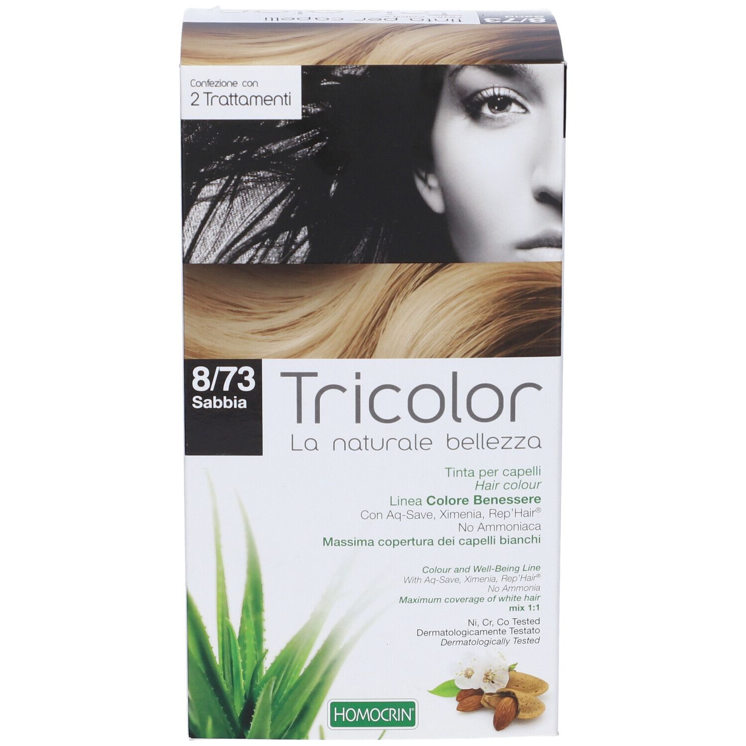 Confezione Tricolor 8/73 Sabbia. Immagine di donna bionda. Scritte in italiano. Contiene 2 trattamenti.