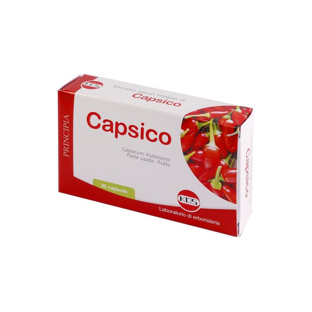 Scatola KOS Capsico. Rossa e bianca, nome del prodotto e immagine di peperoncini. Contiene 30 capsule.