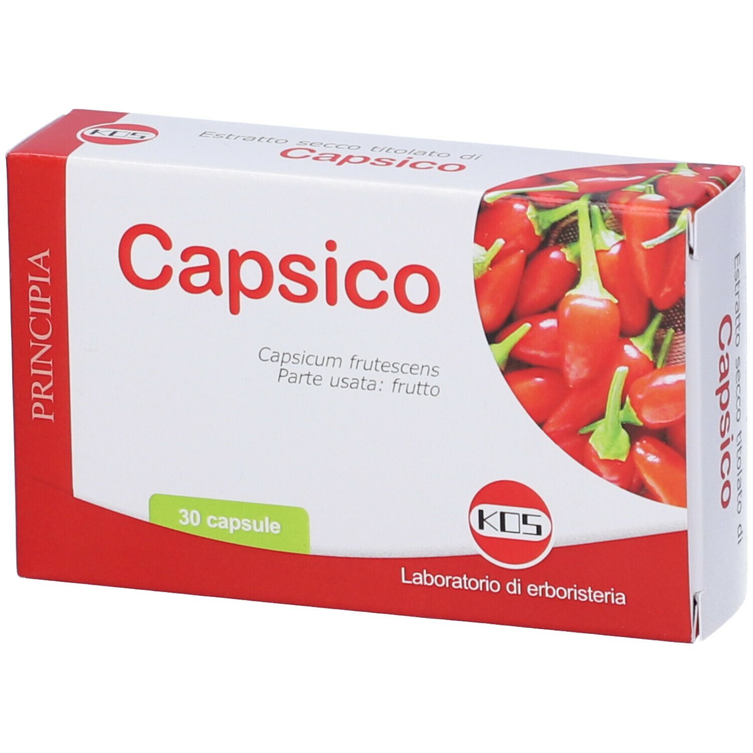 Scatola KOS Capsico. Rossa e bianca, nome del prodotto e immagine di peperoncini. Contiene 30 capsule.