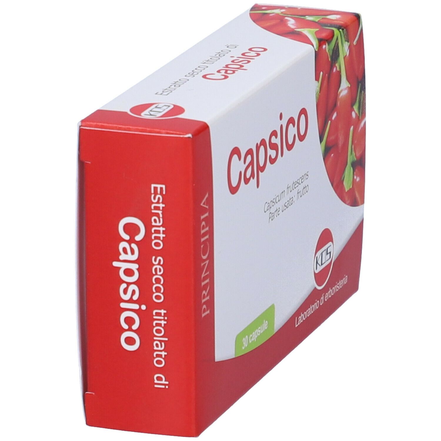 Scatola KOS Capsico. Rossa e bianca, nome del prodotto e immagine di peperoncini. Contiene 30 capsule.