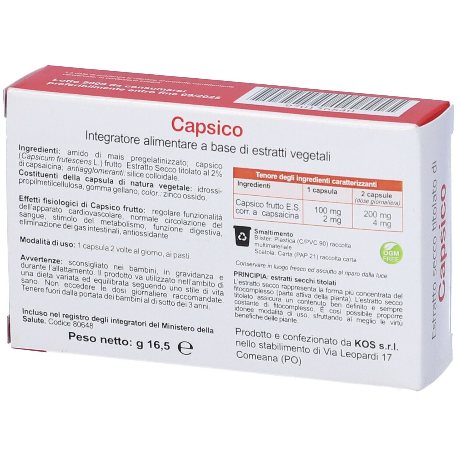 Scatola KOS Capsico, retro. Informazioni sul prodotto e ingredienti in italiano.
