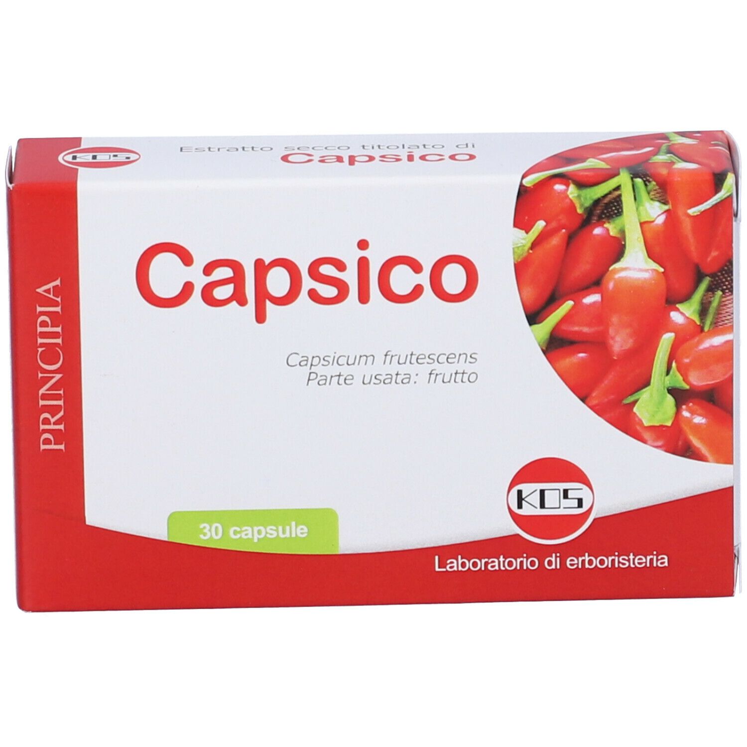 Scatola KOS Capsico. Rossa e bianca, nome del prodotto e immagine di peperoncini. Contiene 30 capsule.