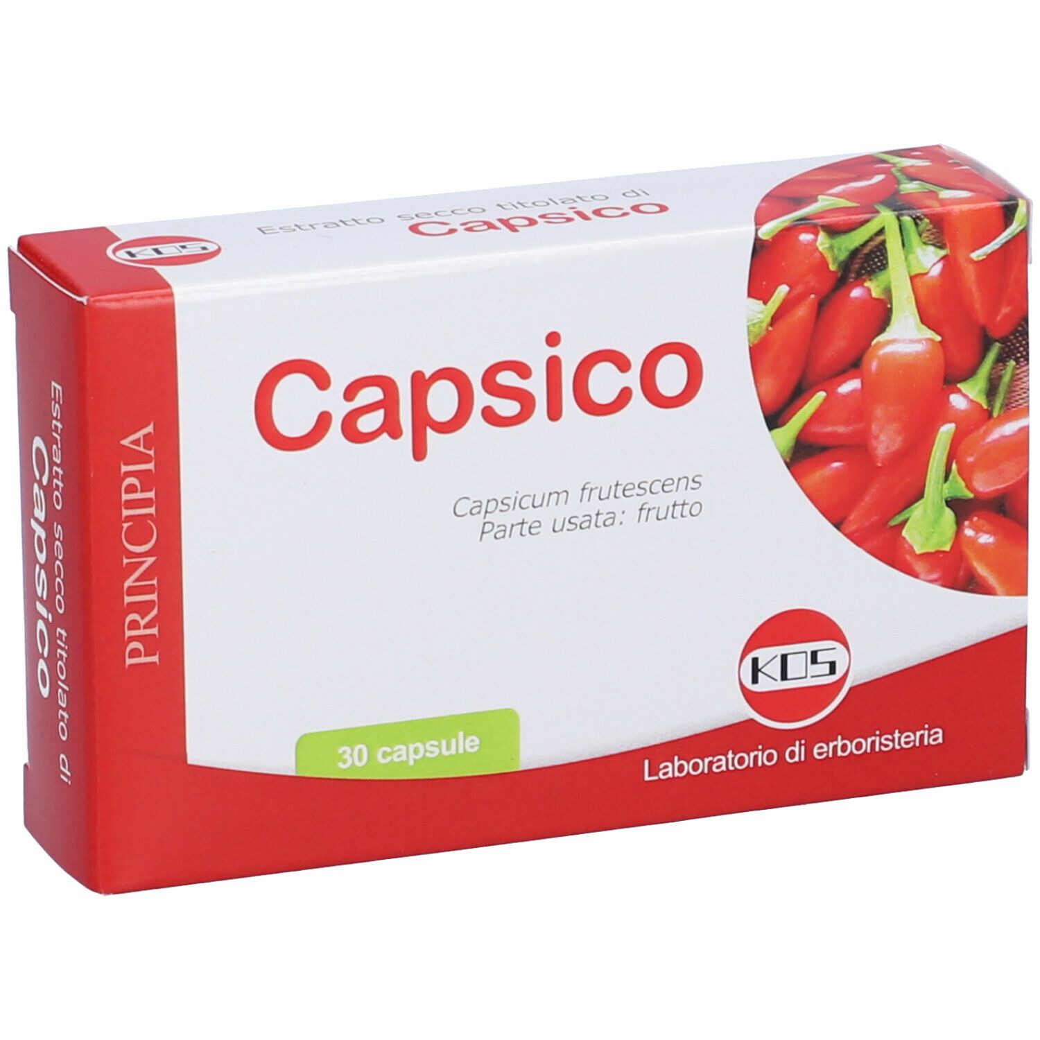Scatola KOS Capsico. Rossa e bianca, nome del prodotto e immagine di peperoncini. Contiene 30 capsule.