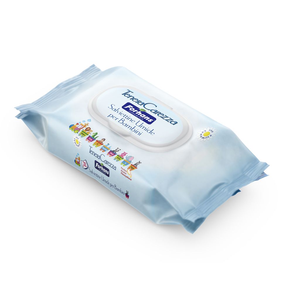 Confezione azzurra di salviettine umidificate. Scritta: TeneraCarezza, Forhans, Salviettine Umide per Bambini. Area di apertura ovale.