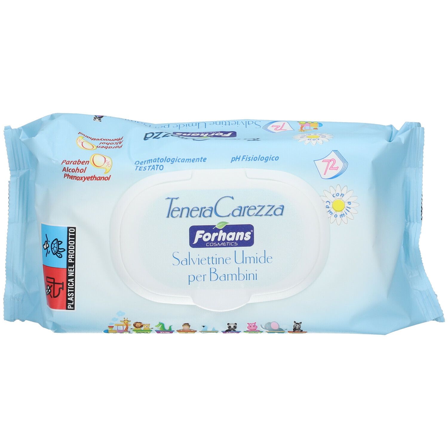 Confezione azzurra di salviettine umidificate. Scritta: TeneraCarezza, Forhans, Salviettine Umide per Bambini. Dermatologicamente testato. pH fisiologico.