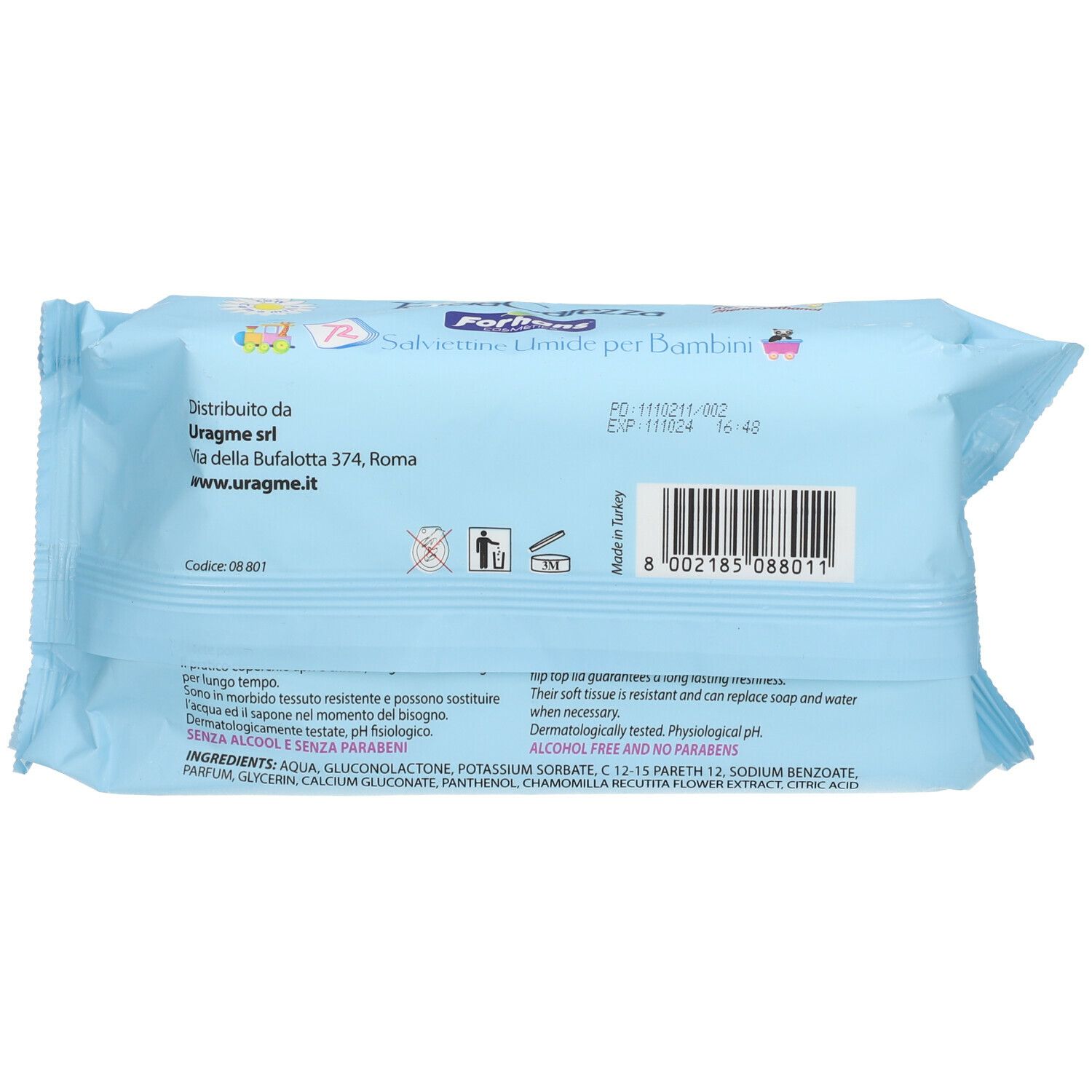 Retro di una confezione azzurra di salviettine umidificate. Scritta: Salviettine Umide per Bambini. Ingredienti e informazioni del produttore.