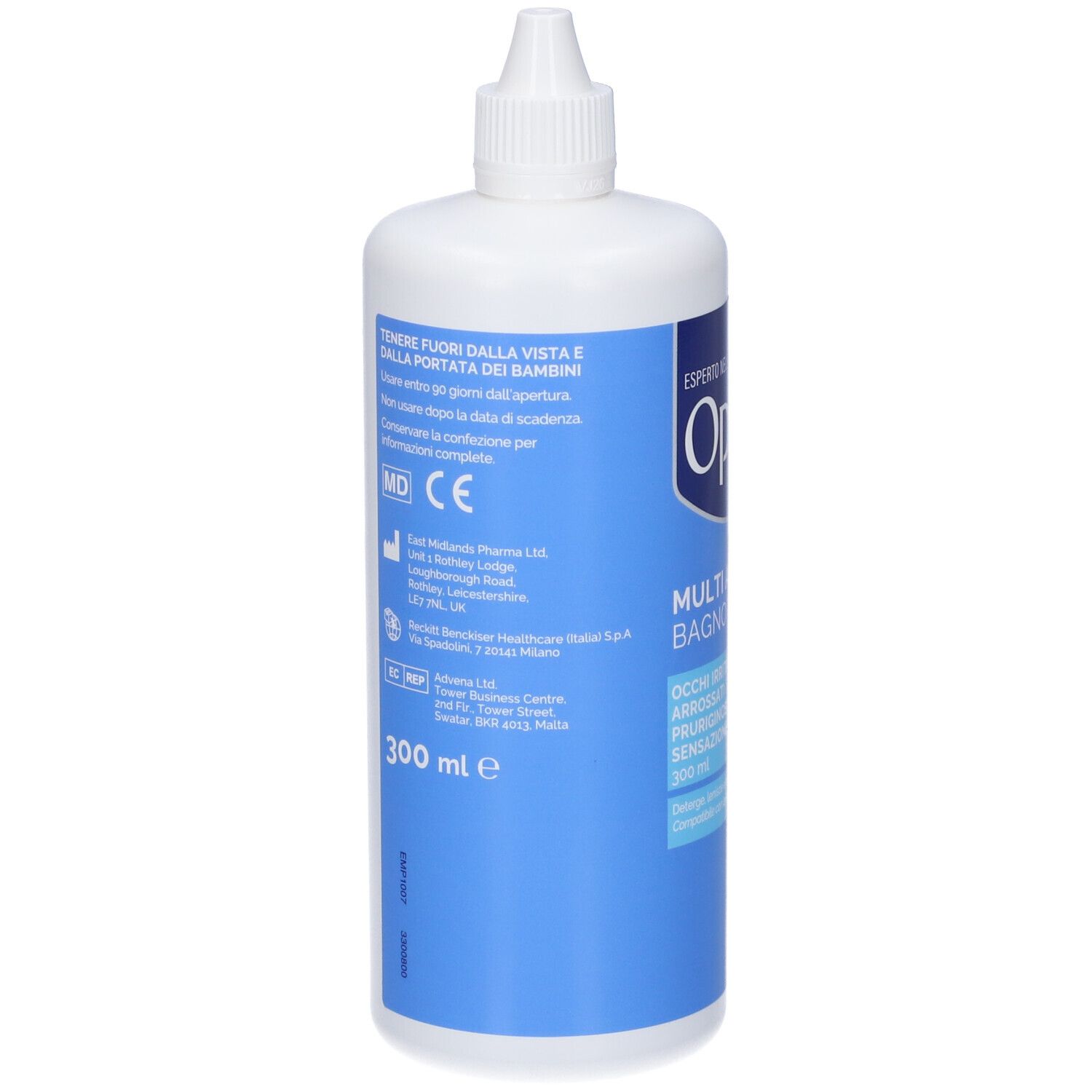 Rückseite der weißen Flasche mit blauem Etikett. Aufschrift: Optrex Multi Azione Bagno Oculare. Mit weißem Verschluss. 300 ml.
