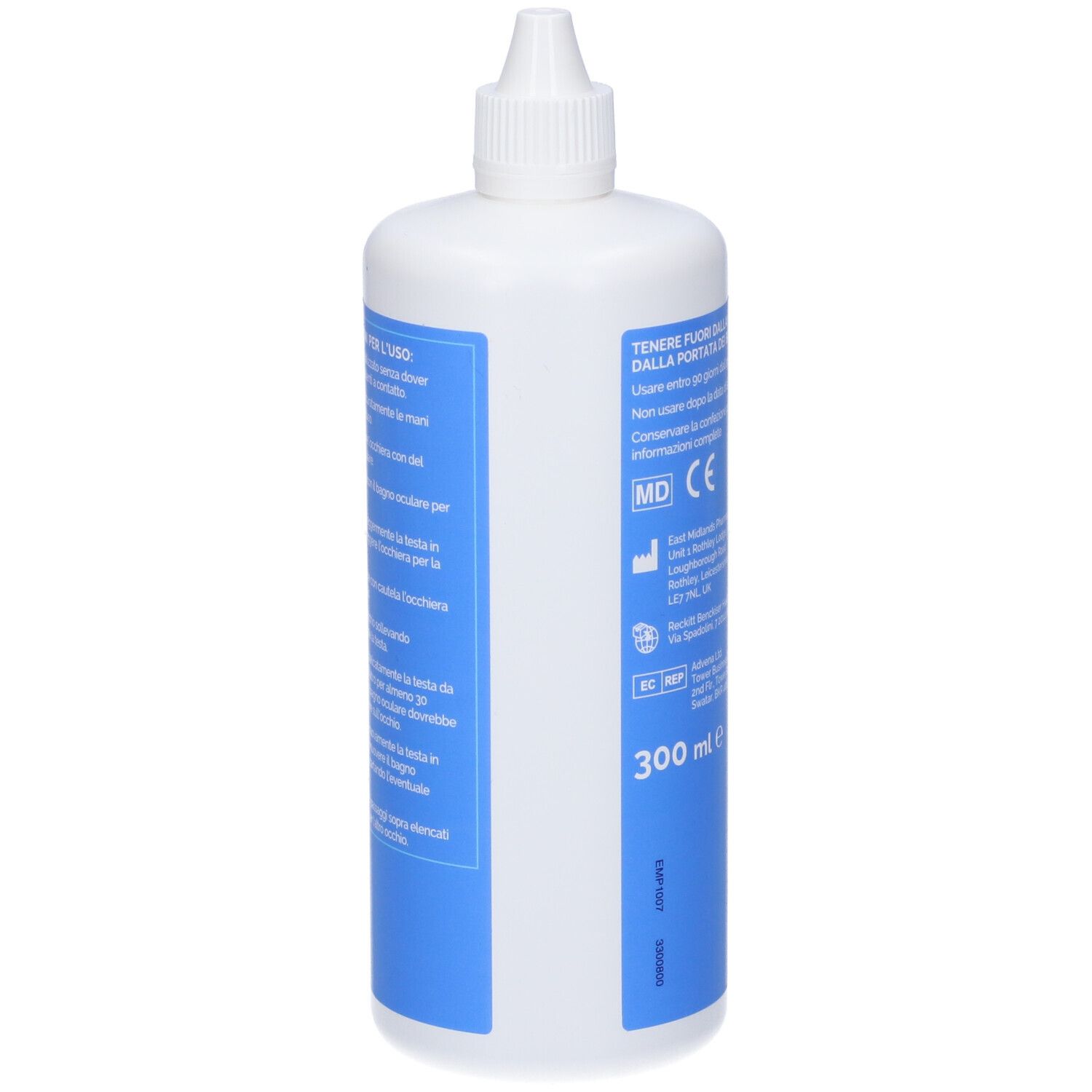 Rückseite der weißen Flasche mit blauem Etikett. Aufschrift: Optrex Multi Azione Bagno Oculare. Mit weißem Verschluss. 300 ml.