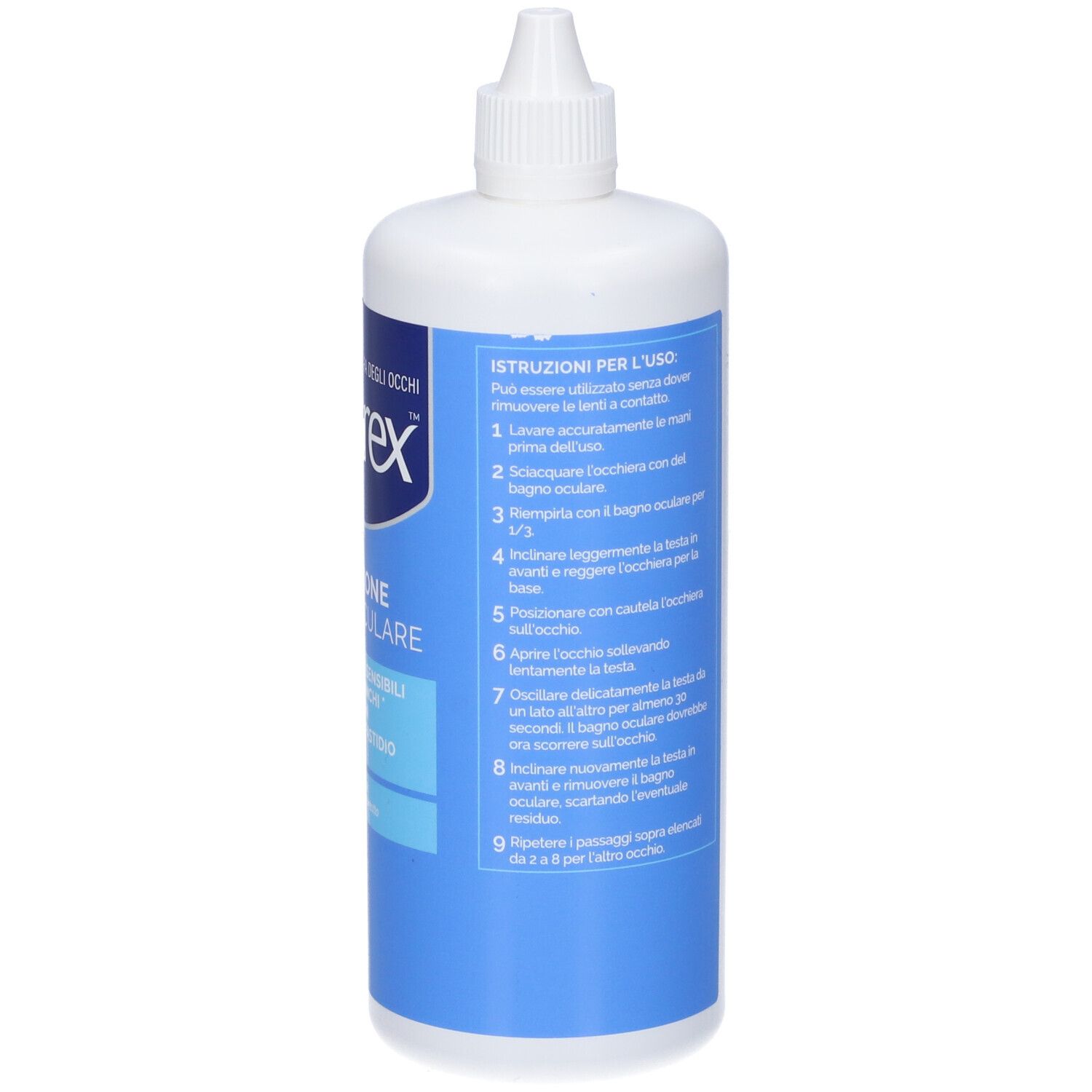 Weiße Flasche mit blauem Etikett. Aufschrift: Optrex Multi Azione Bagno Oculare. Mit weißem Verschluss. Gebrauchsanweisung.