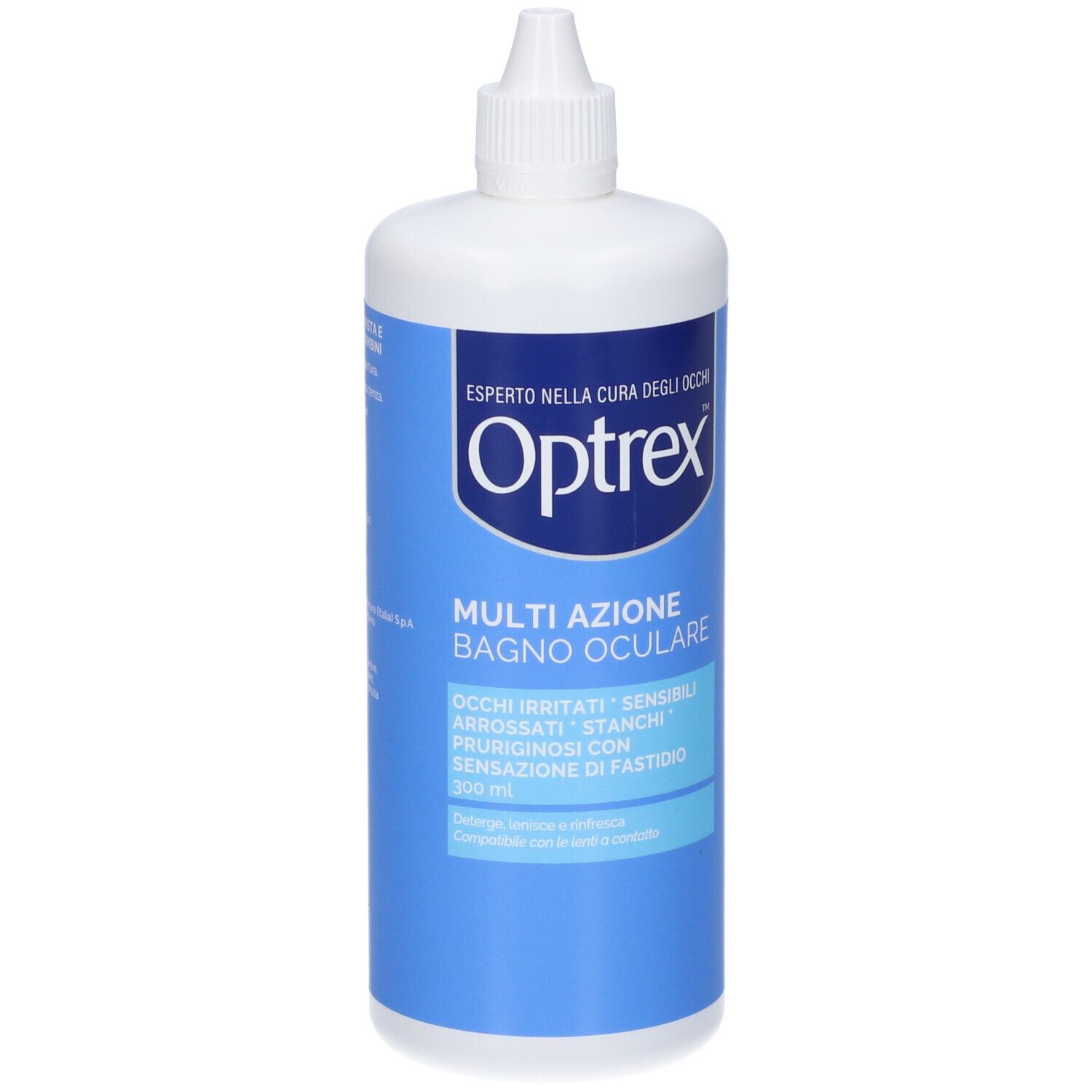 Weiße Flasche mit blauem Etikett. Aufschrift: Optrex Multi Azione Bagno Oculare. Für gereizte Augen. Mit weißem Verschluss.