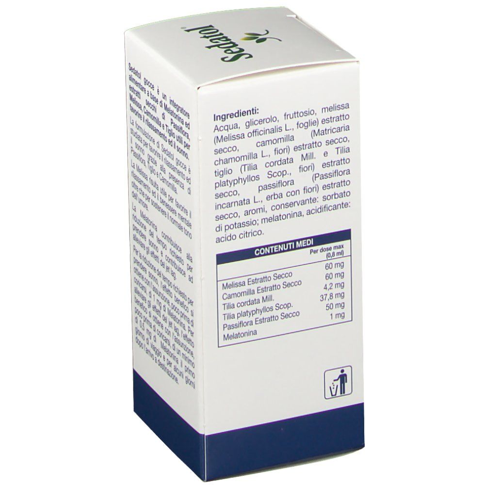 Scatola di Sedatol. Testo in italiano. Elenco ingredienti e informazioni nutrizionali.