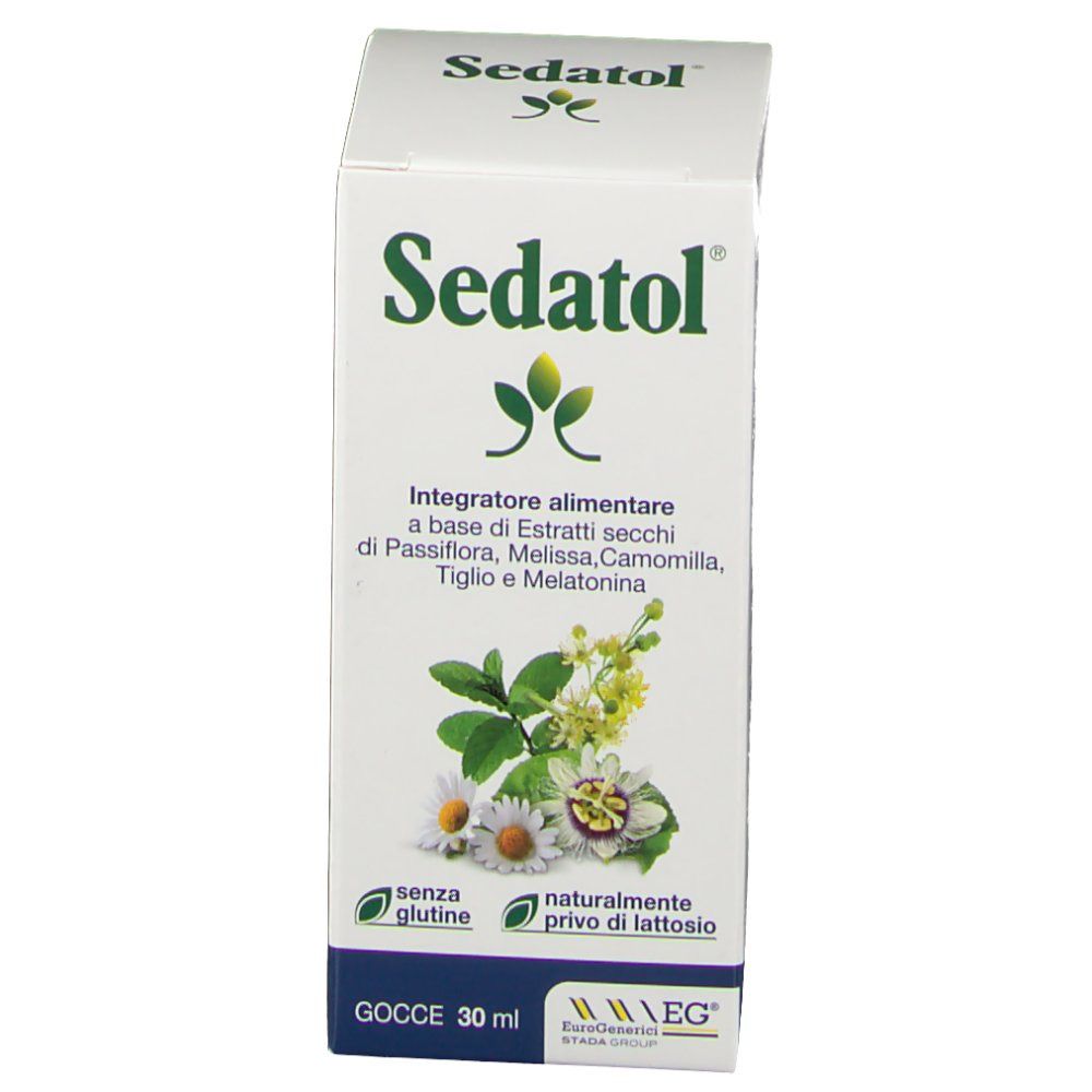 Scatola di Sedatol. Nome del prodotto e logo. Testo in italiano. Flacone da 30 ml.