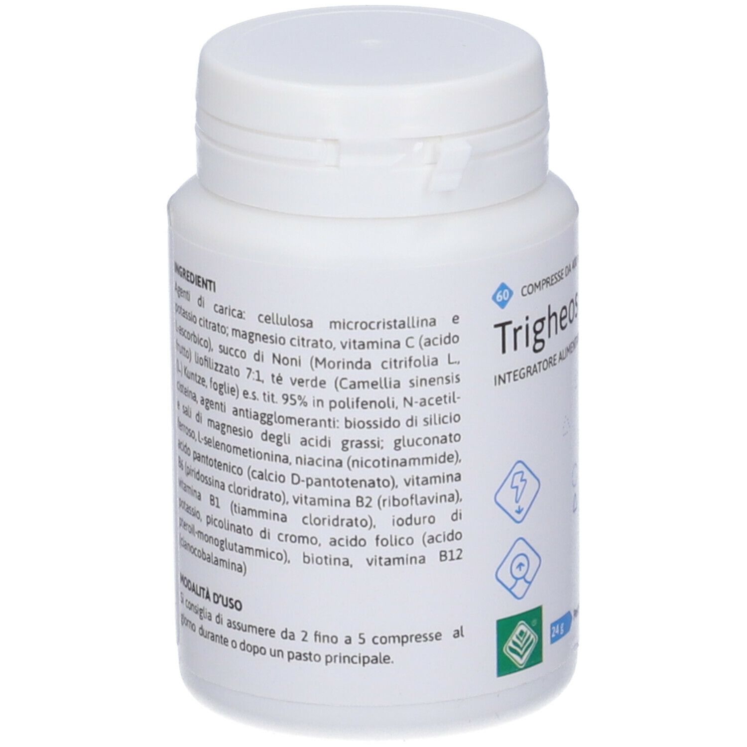 Flacone di compresse bianco con etichetta. Ingredienti e logo Trigheos Ipo 60Cpr visibili.