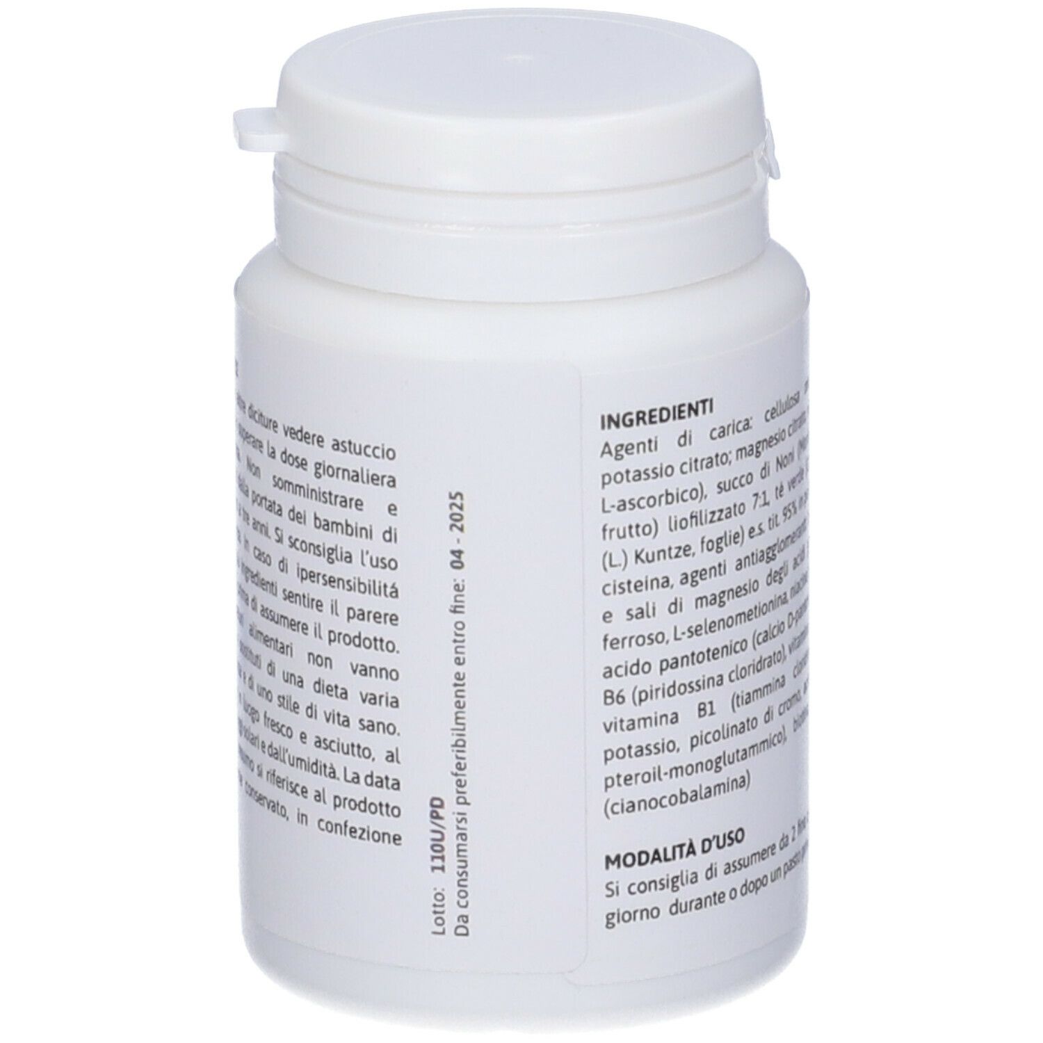 Flacone di compresse bianco con etichetta. Ingredienti e scadenza 04 2025 visibili.