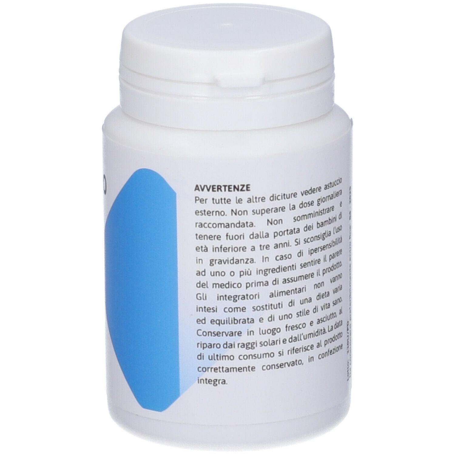 Flacone di compresse bianco con etichetta blu. Avvertenze in italiano.