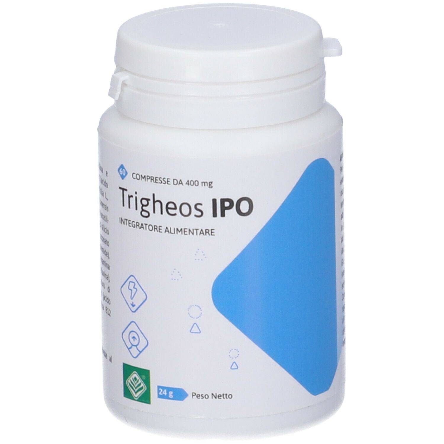 Flacone bianco con etichetta blu. Trigheos Ipo, 60 compresse, 24g.