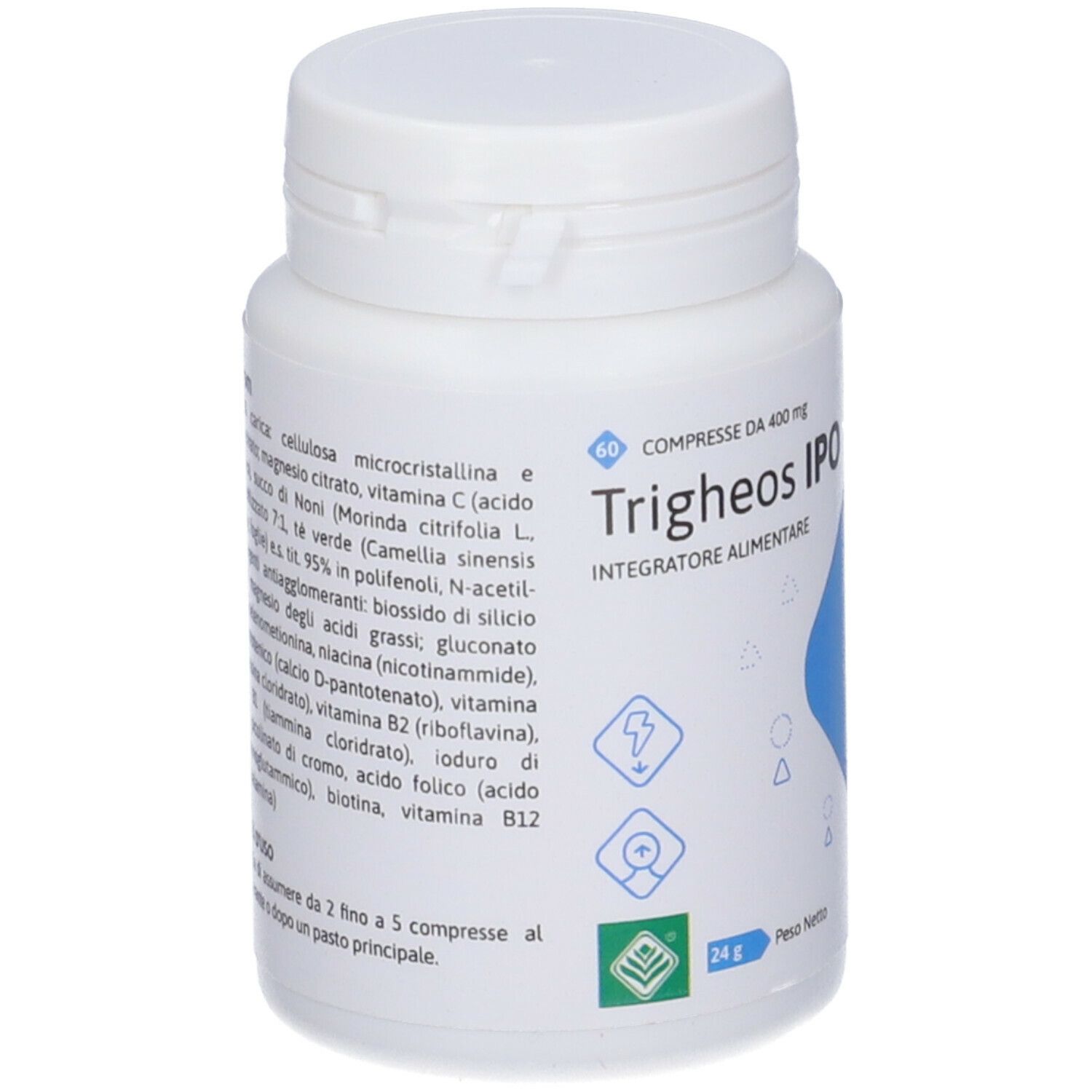Flacone bianco con etichetta blu. Trigheos Ipo, 60 compresse, 24g. Ingredienti.
