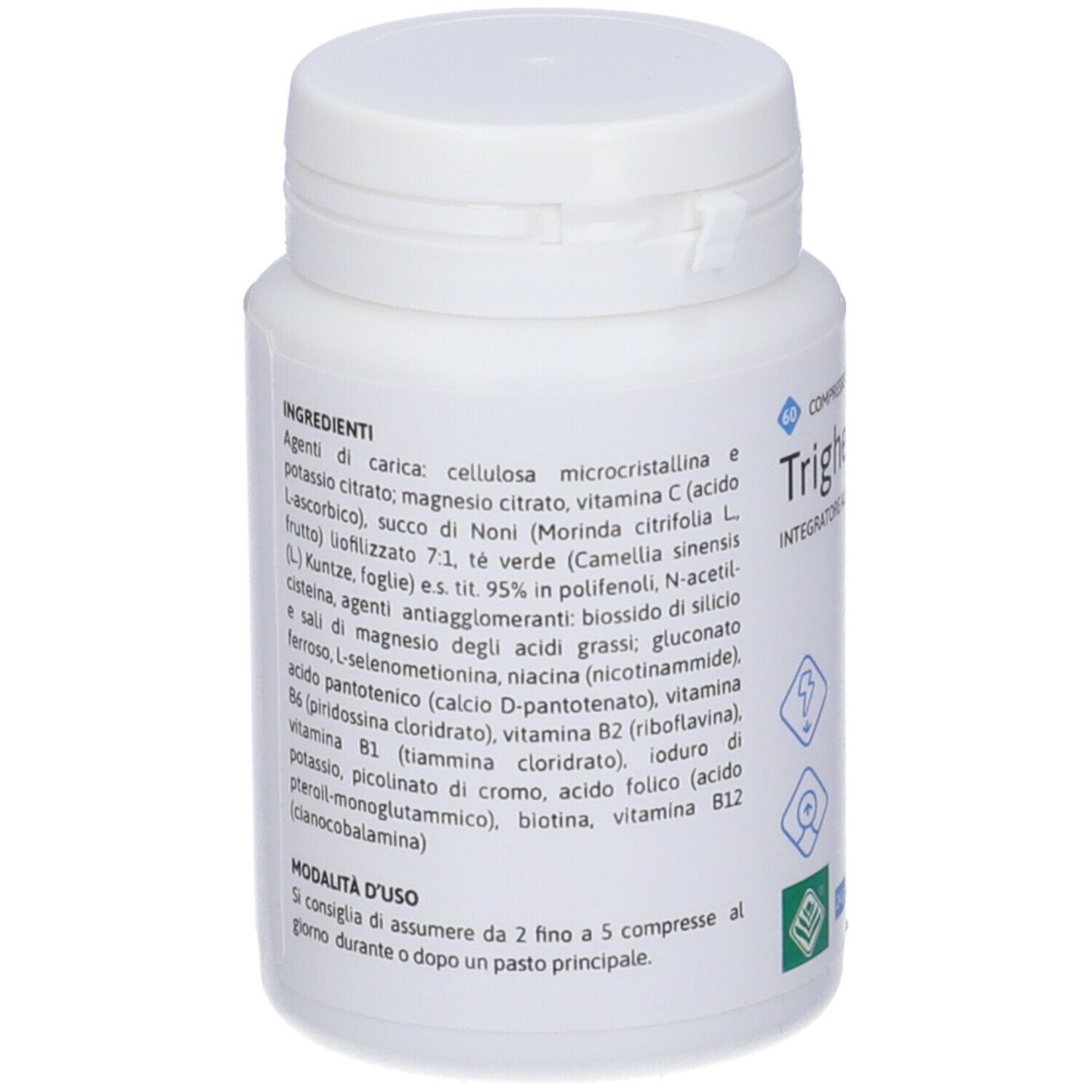 Flacone di compresse bianco con etichetta. Ingredienti e istruzioni in italiano.