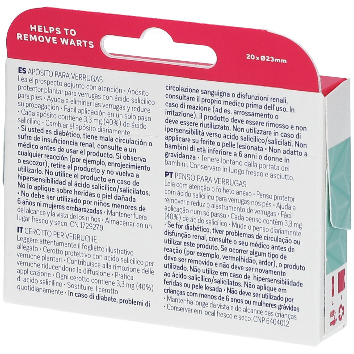 Retro della confezione di cerotti Salvelox Med per verruche. Testo multilingue. Contiene informazioni sull'uso.