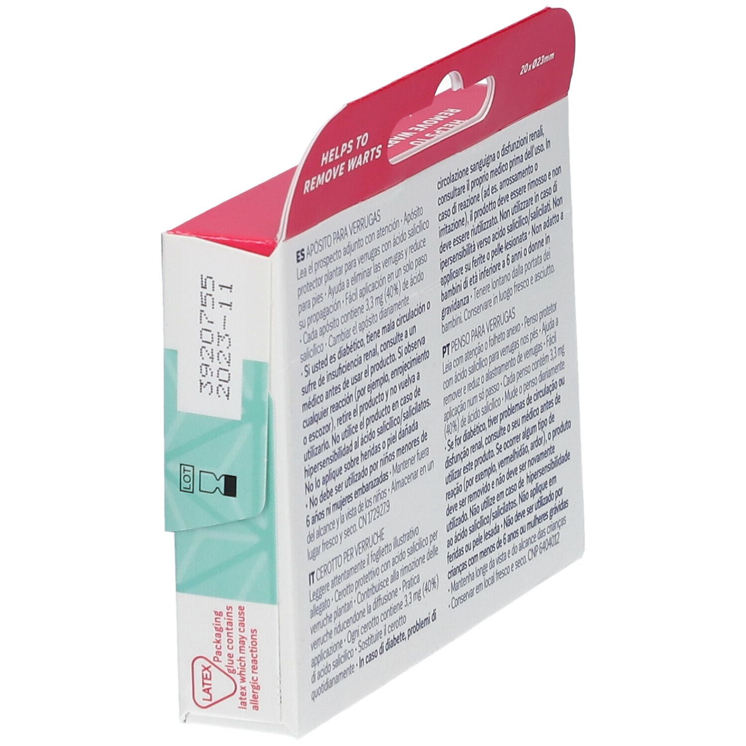 Vista laterale della confezione di cerotti Salvelox Med per verruche. Testo multilingue. Contiene informazioni sull'uso.