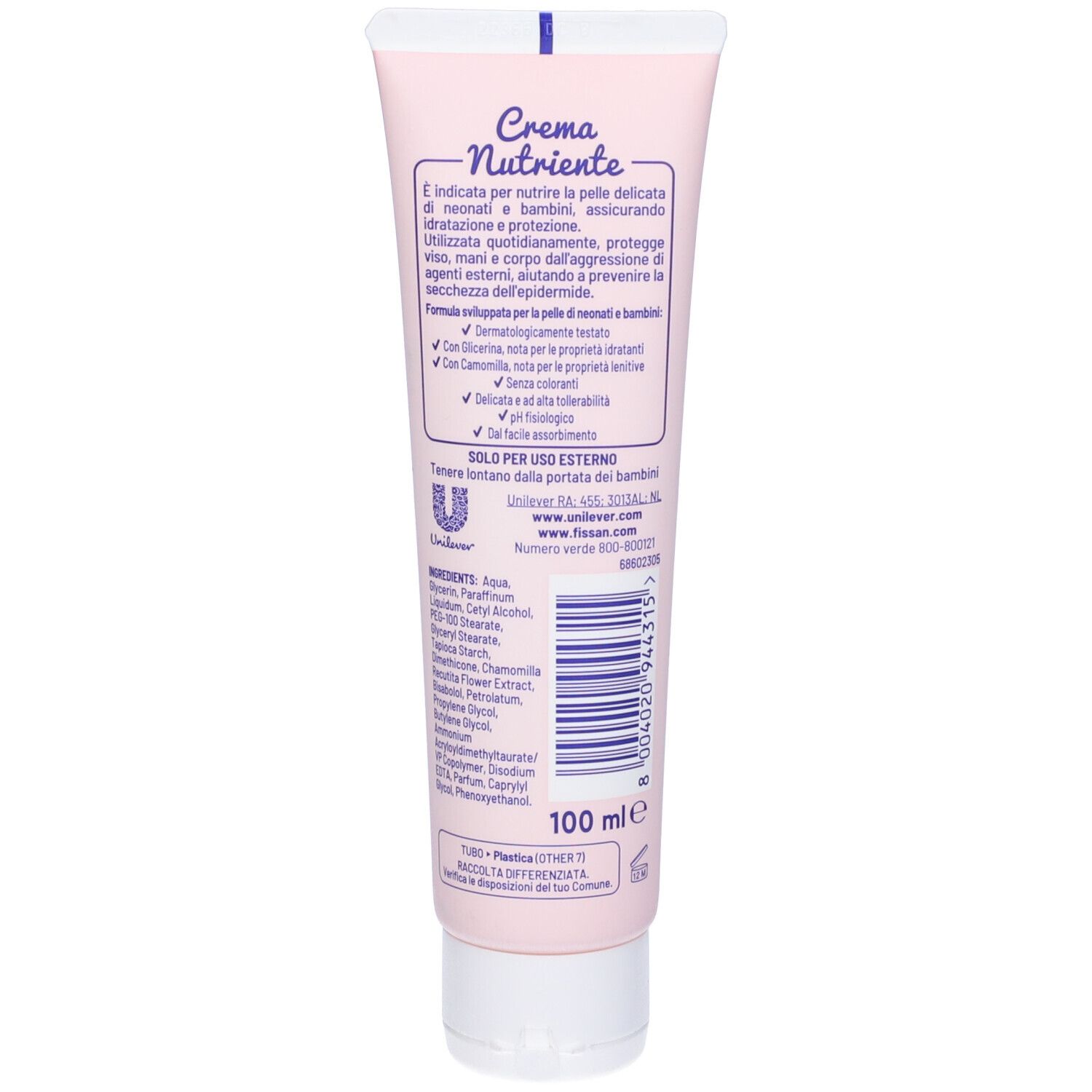 Retro di un tubo rosa con tappo bianco. Testo e ingredienti.