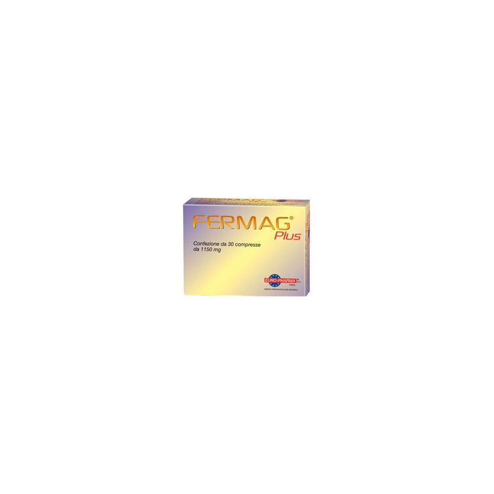 Scatola "FERMAG Plus". Testo: "Confezione da 30 compresse da 1150 mg". Logo. Sfondo dorato.