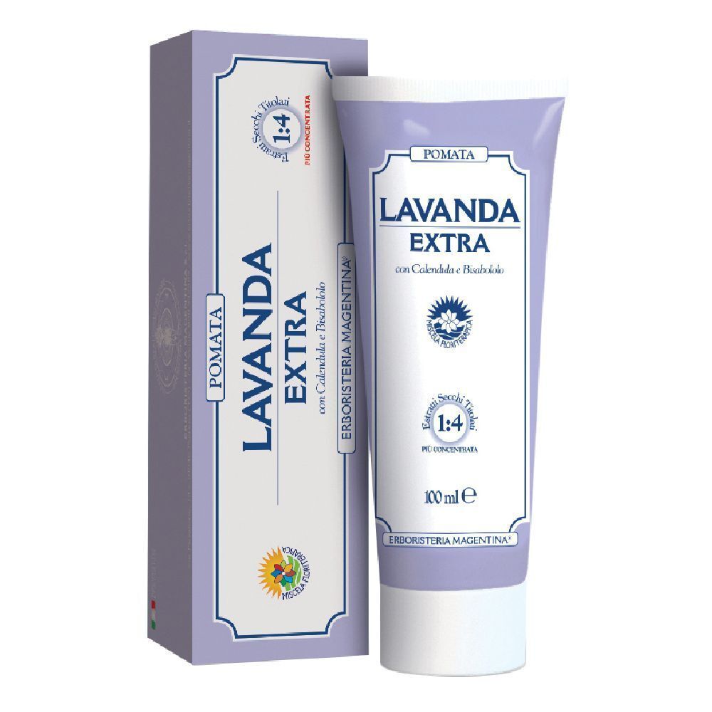 Tubo e scatola lilla con nome e logo del prodotto. Testo: Lavanda Extra, concentrato 1:4, 100 ml.