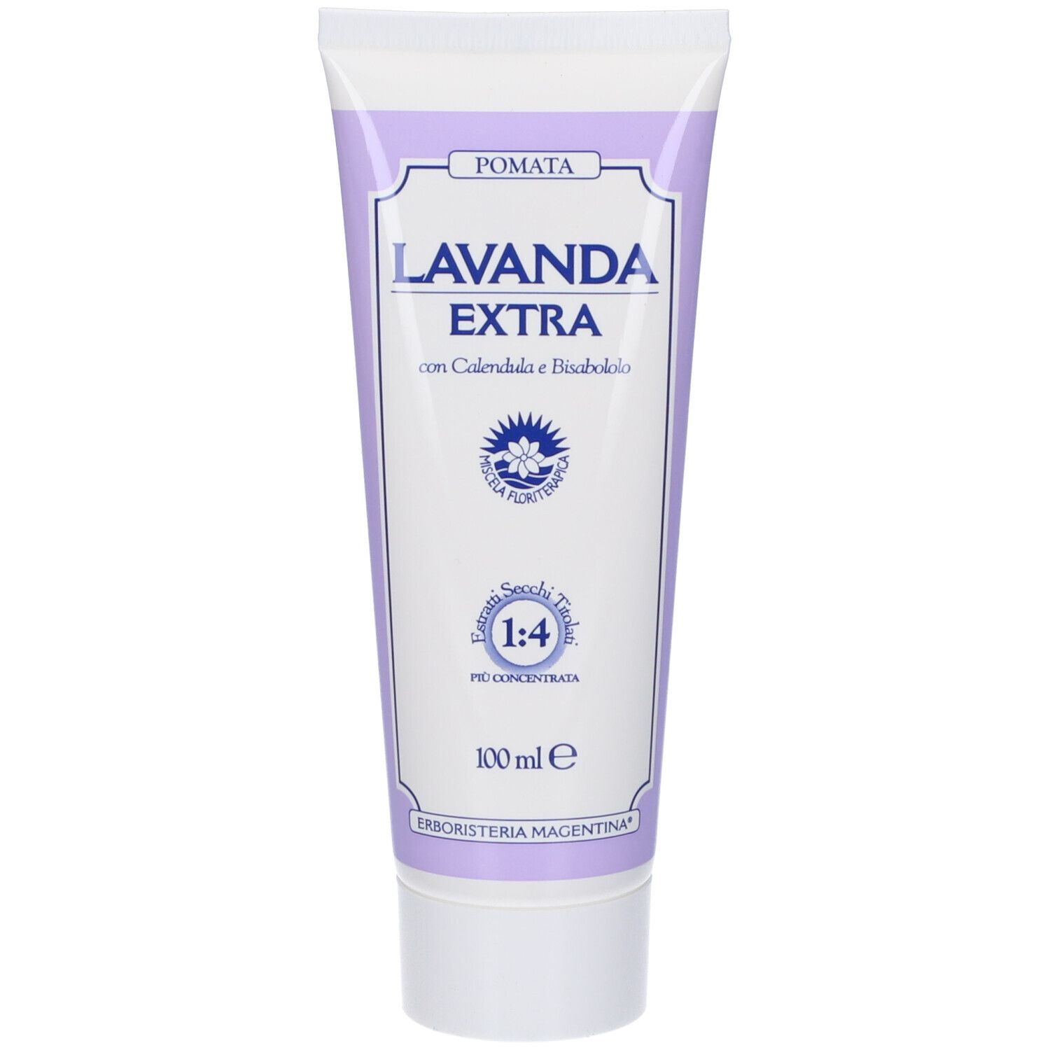 Tubo lilla con nome e logo del prodotto. Testo: Lavanda Extra, con Calendula e Bisabololo, concentrato 1:4, 100 ml.