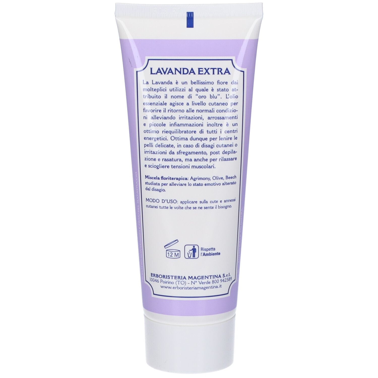 Retro del tubo lilla. Testo: Lavanda Extra. Informazioni sull'uso e ingredienti. Logo e simbolo 12M.