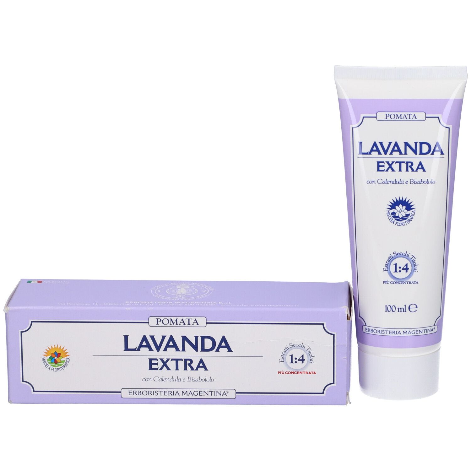 Scatola e tubo lilla con nome e logo del prodotto. Testo: Lavanda Extra, concentrato 1:4, 100 ml.