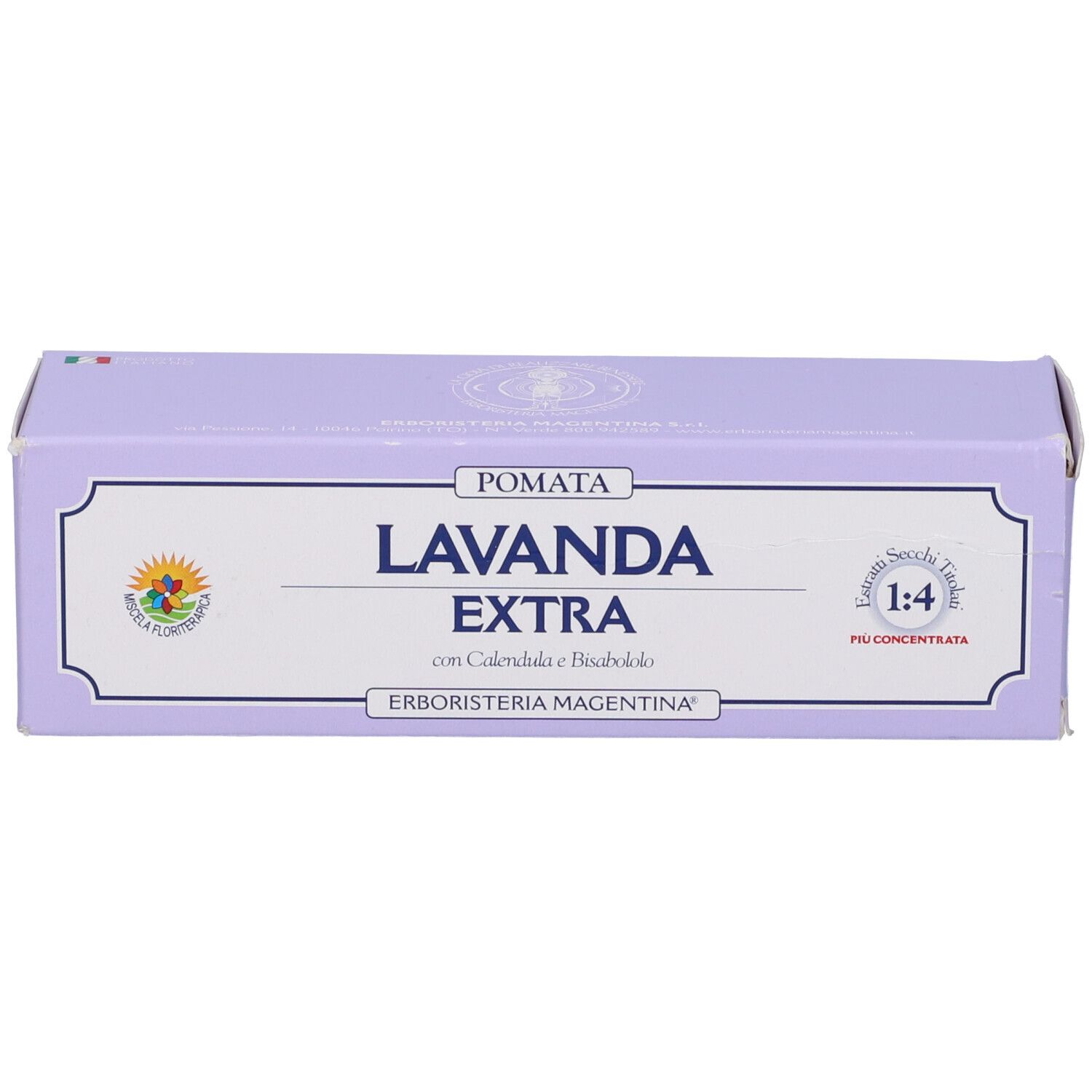 Scatola lilla con nome e logo del prodotto. Testo: Lavanda Extra, concentrato 1:4. Marchio: Erboristeria Magentina.
