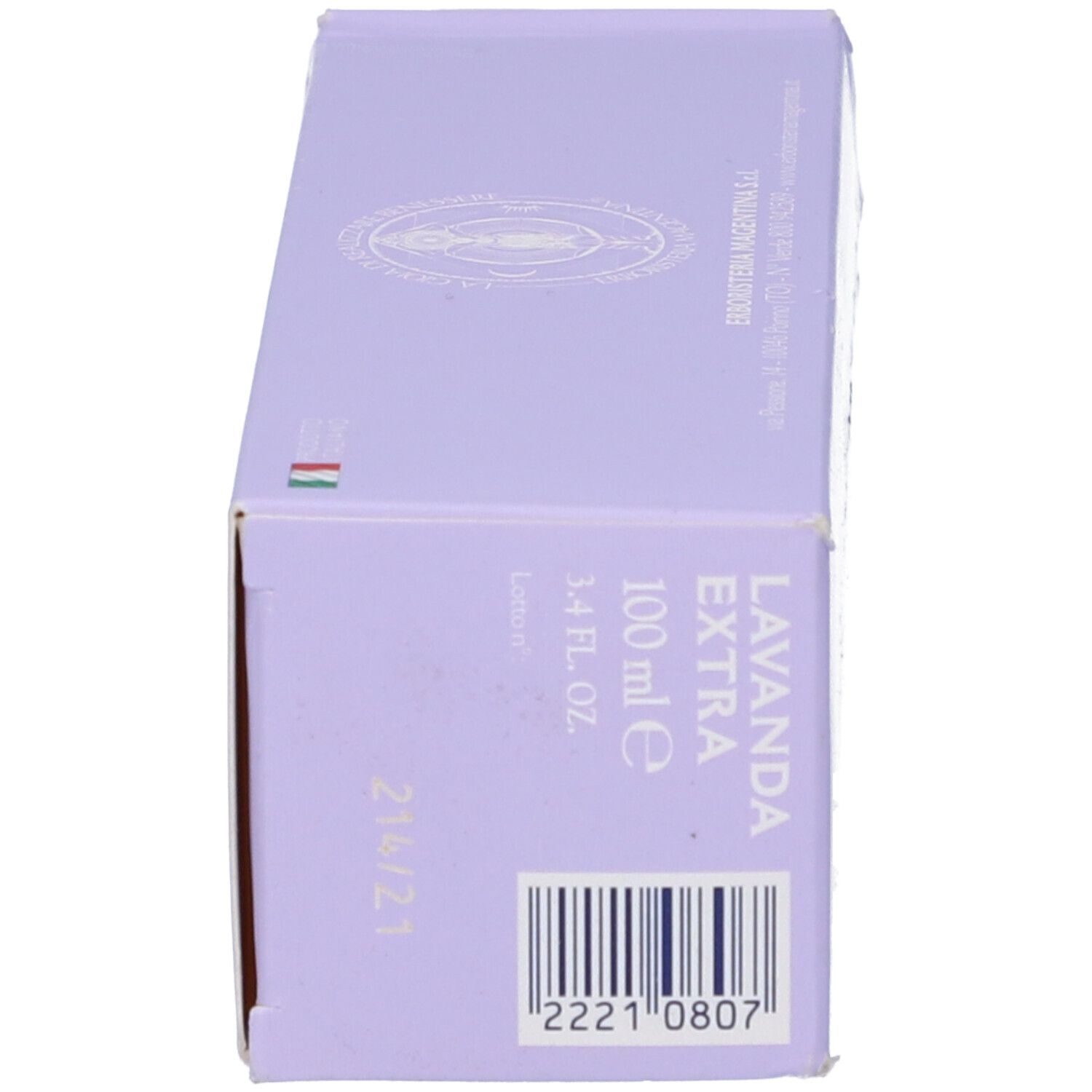 Vista laterale della scatola lilla. Testo: Lavanda Extra, 100 ml. Codice a barre e numero di lotto. Marchio: Erboristeria Magentina.