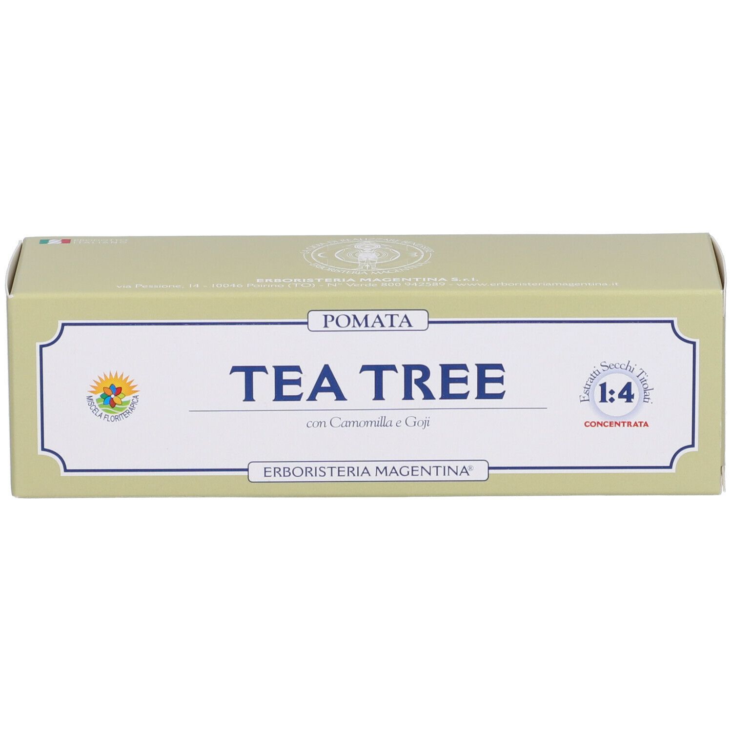 Confezione del prodotto. Scritta « TEA TREE » e « Erboristeria Magentina ». Confezione verde e bianca. Concentrato 1:4.