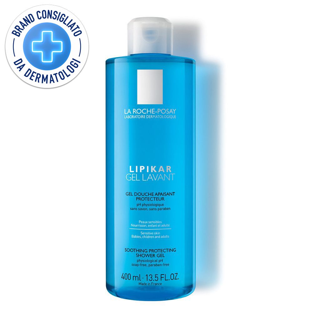 Flacone blu La Roche-Posay Lipikar Gel Lavant. Logo e testo. Testato dermatologicamente.