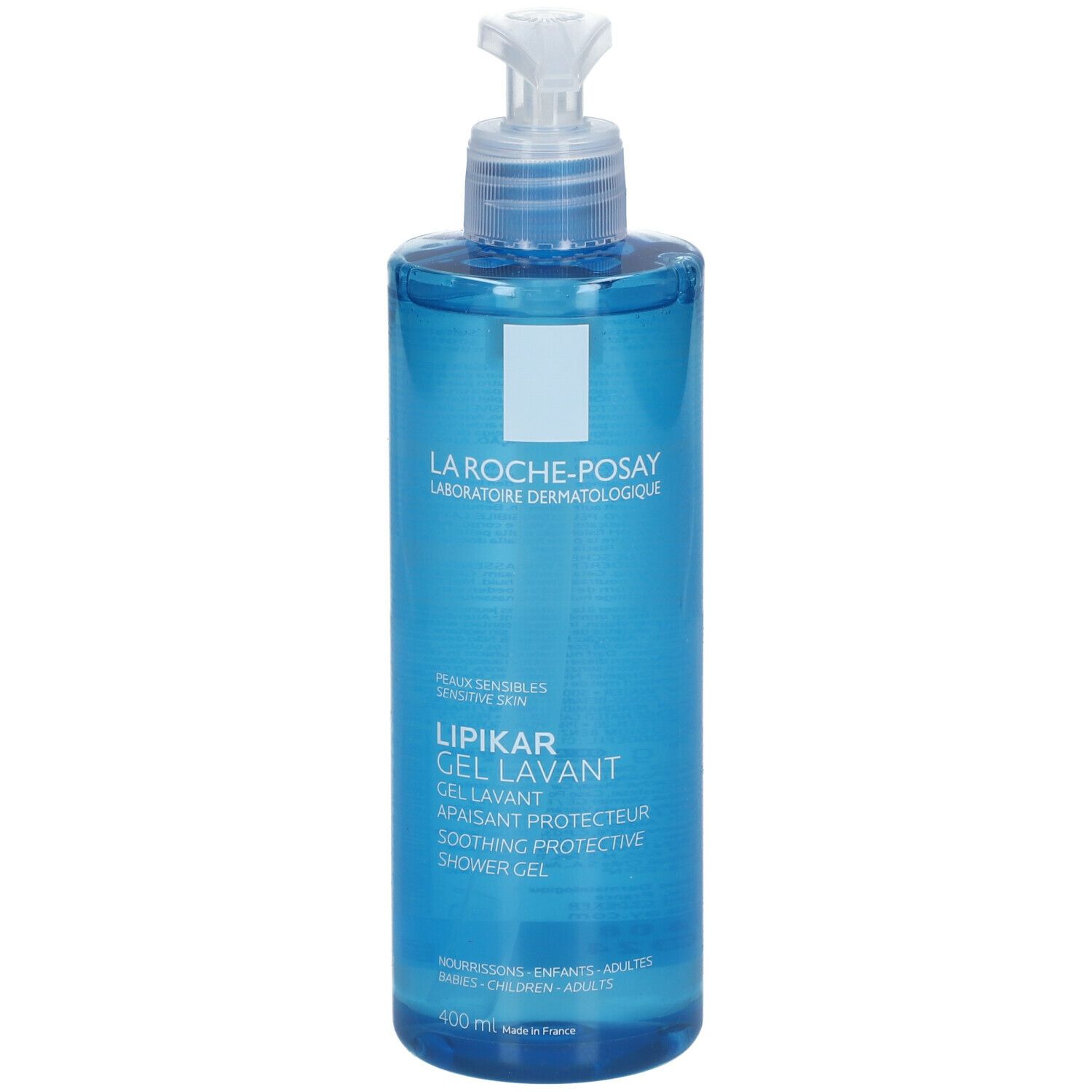 Flacone blu La Roche-Posay Lipikar Gel Lavant con dispenser. Logo e testo. 400 ml.