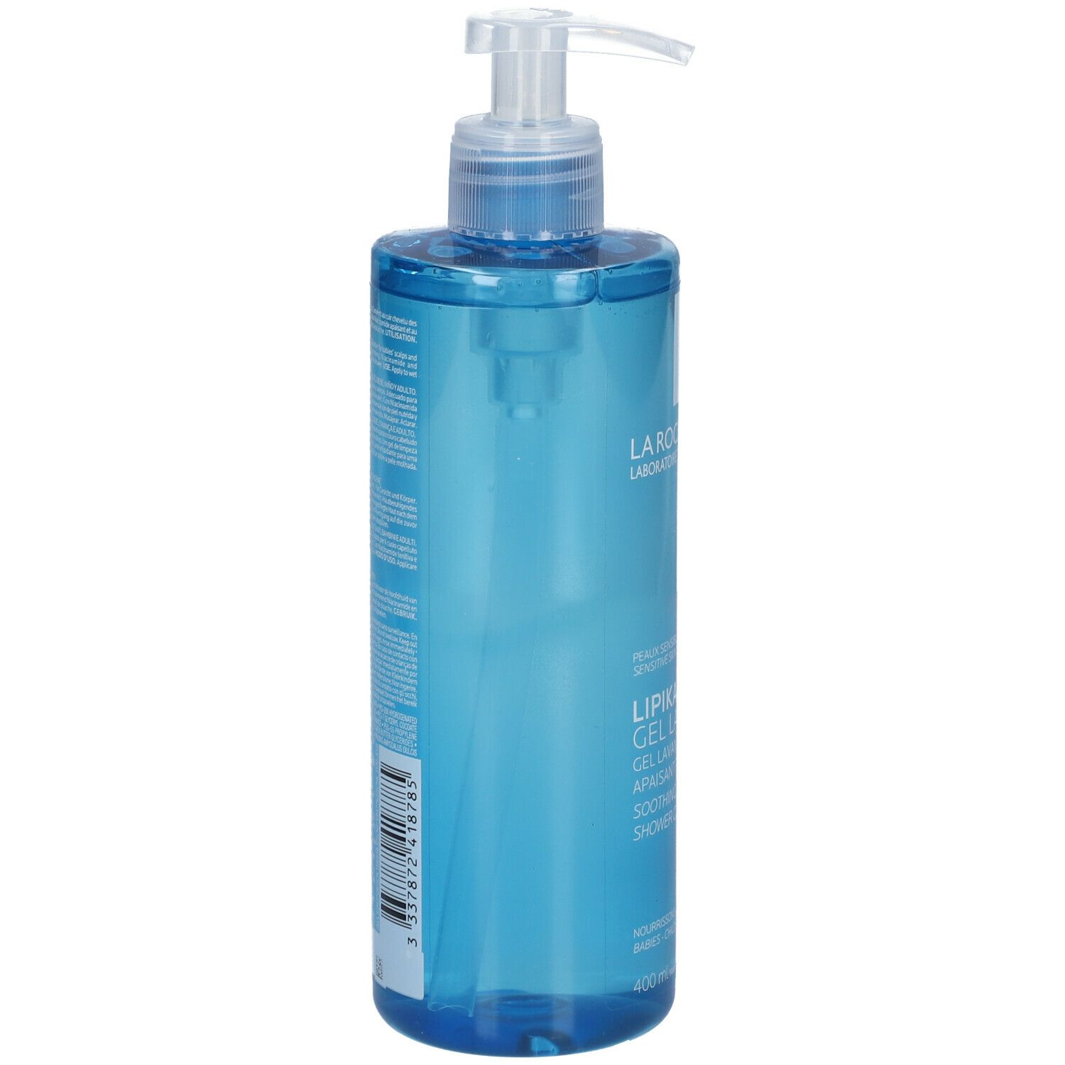 Flacone blu La Roche-Posay Lipikar Gel Lavant con dispenser. Logo e testo. 400 ml.