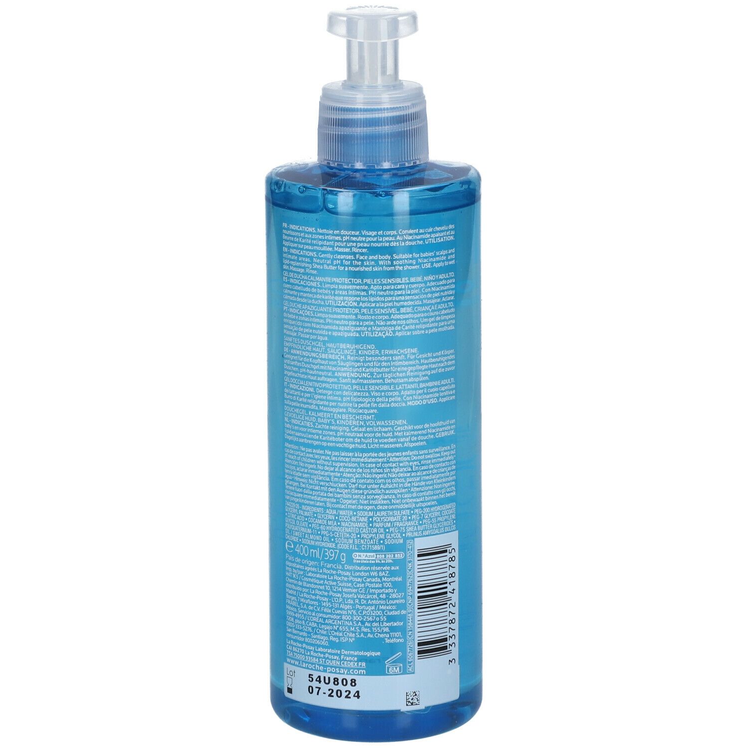 Retro del flacone blu La Roche-Posay Lipikar Gel Lavant con dispenser. Testo.