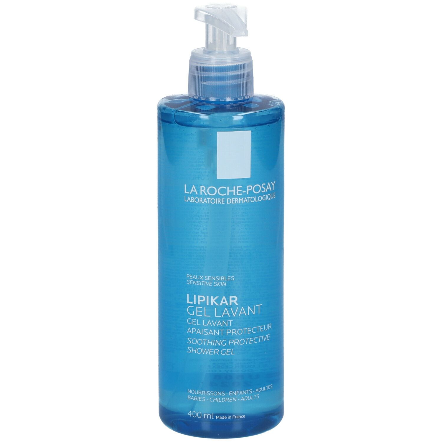 Flacone blu La Roche-Posay Lipikar Gel Lavant con dispenser. Logo e testo. 400 ml.