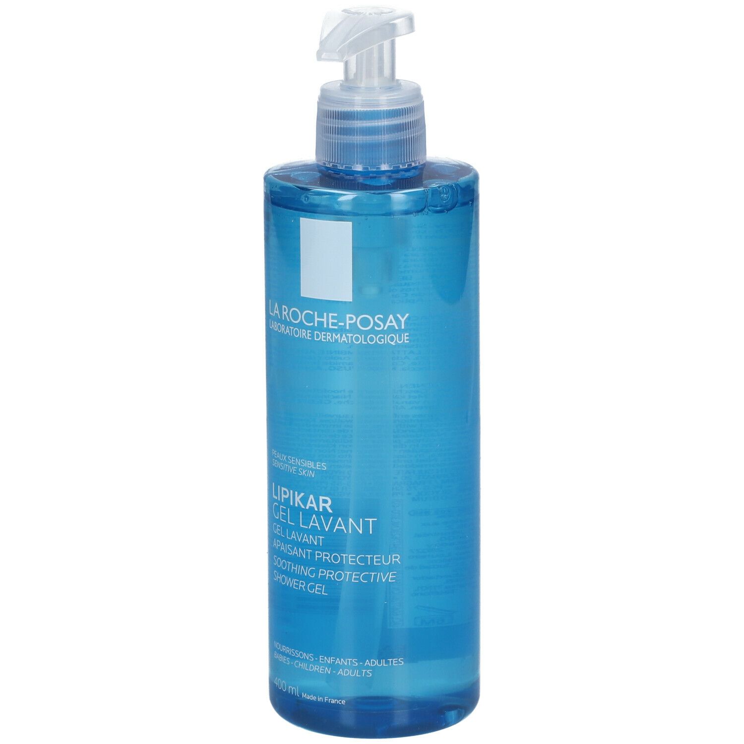 Flacone blu La Roche-Posay Lipikar Gel Lavant con dispenser. Logo e testo. 400 ml.