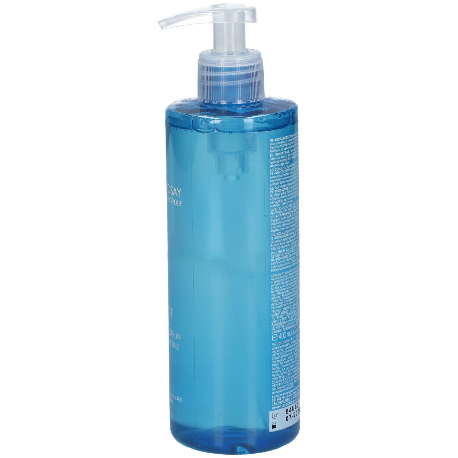 Retro del flacone blu La Roche-Posay Lipikar Gel Lavant con dispenser. Testo.