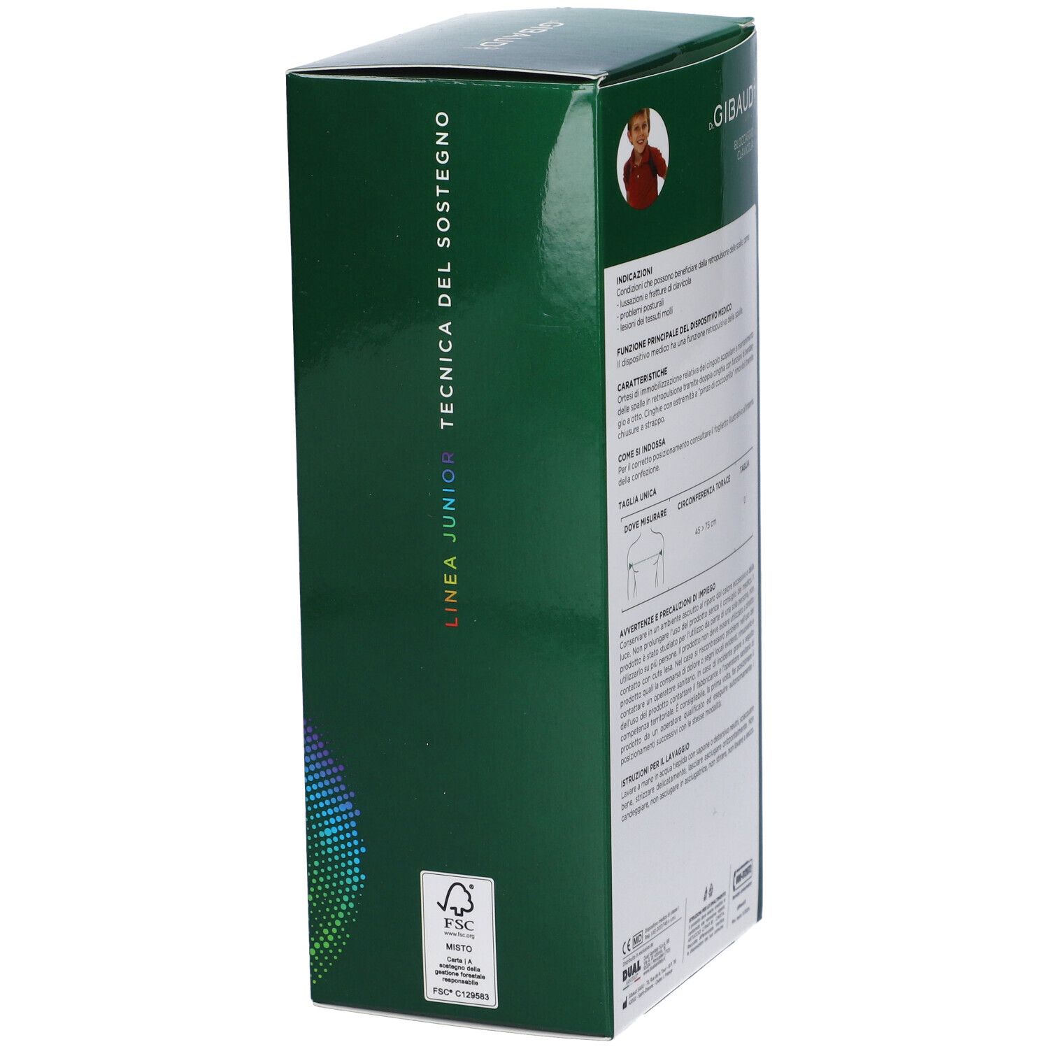 Seite der Dr. Gibaud Junior Schlüsselbein-Fixierung Verpackung mit Text 'Linea Junior Tecnica del Sostegno' und FSC-Logo.